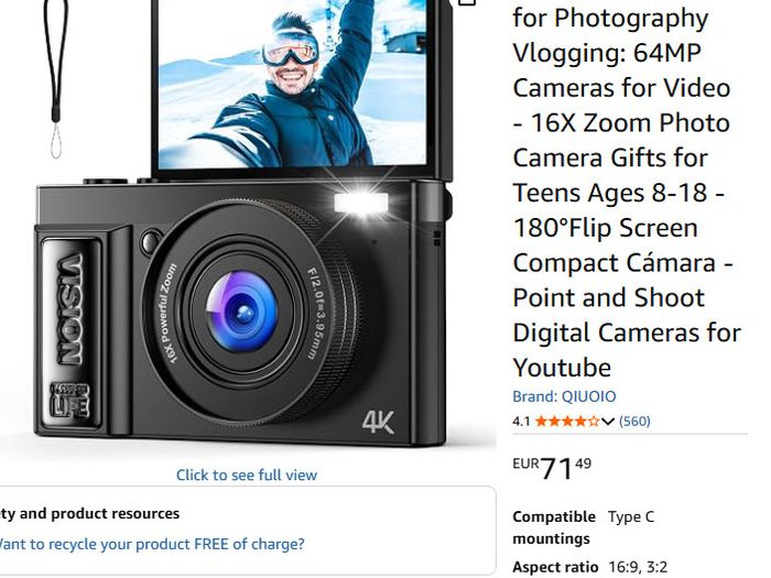 Digital Camera 4K for Photography Vlogging: 64MP Cameras for Video - 16X Zoom Photo Camera