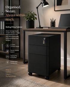 Rolling Filing Cabinet With Lock 3 Drawer Mobile Office Cabinet On Castors Black