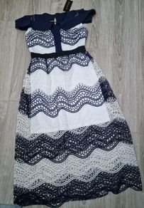 Ladies navy&white lace off-shoulder dress Medium