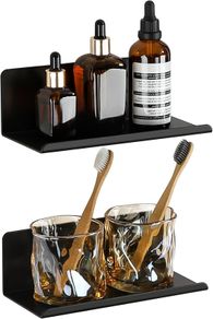 Black Floating Wall Shelves Self Adhesive, Decorative Rack, 20CM Wall Mounted Floating Shelves for Bathroom, Kitchen, Living Room, Screw Mounting, Set of 2