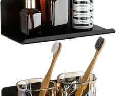 Black Floating Wall Shelves Self Adhesive, Decorative Rack, 20CM Wall Mounted Floating Shelves for Bathroom, Kitchen, Living Room, Screw Mounting, Set of 2