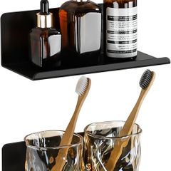 Black Floating Wall Shelves Self Adhesive, Decorative Rack, 20CM Wall Mounted Floating Shelves for Bathroom, Kitchen, Living Room, Screw Mounting, Set of 2