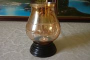 Vintage Etched Amber Glass Hurricane Lamp With Black Base Stand