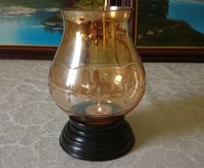 Vintage Etched Amber Glass Hurricane Lamp With Black Base Stand