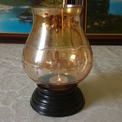 Vintage Etched Amber Glass Hurricane Lamp With Black Base Stand