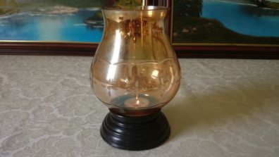 Vintage Etched Amber Glass Hurricane Lamp With Black Base Stand