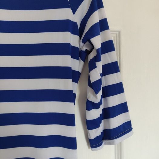 White Blue Striped open shoulder bodycon dress, size S