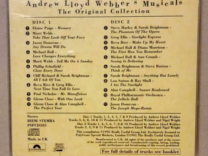 Andrew Lloyd Webber's Musicals - The Original Collection (1995) 2CD Polydor, VG condition.
