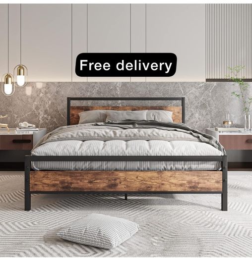 King Size Bed Frame with Wooden Headboard