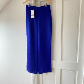 BNWT Zara Royal Blue Flowing Satin Effect Palazzo Wide Leg Trousers