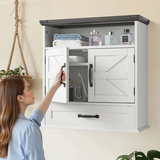 White Bathroom Wall Cabinet with 2 Doors, Adjustable Shelf, Drawer & Open Storage Compartment, Over-Toilet Hanging Organizer