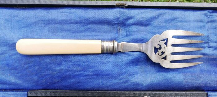 Vintage Boxed set of Faux Bone Handled Fish Servers with Hallmarked Silver Collars - 2 Pieces