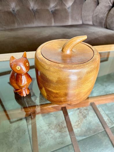 Vintage Apple Shaped Wood Jar Container Round Wooden Box 1960s 70s