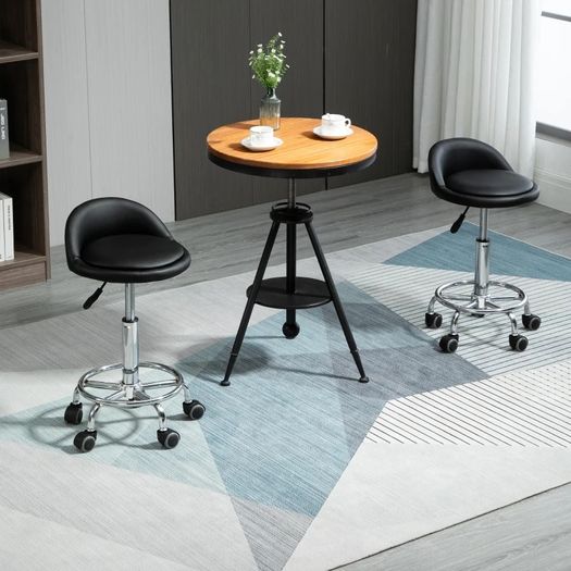 Set of 2 360 swivel rolling stools, seat adjustable 47-62H cm, chrome steel black synthetic upholstery