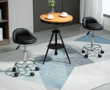 Set of 2 360 swivel rolling stools, seat adjustable 47-62H cm, chrome steel black synthetic upholstery