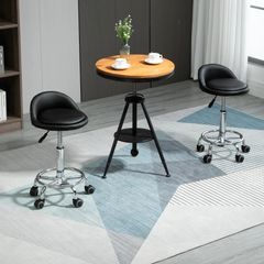 Set of 2 360 swivel rolling stools, seat adjustable 47-62H cm, chrome steel black synthetic upholstery
