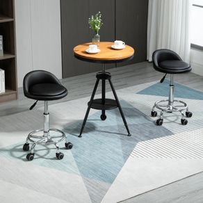 Set of 2 360 swivel rolling stools, seat adjustable 47-62H cm, chrome steel black synthetic upholstery
