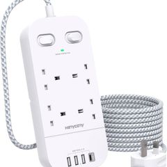 4 Way Surge Protected Extension Lead with USB Slots Multi Plug Power Strip Extension Cable with Double Switches, Plug Extension Socket 1.8M Braided Extension Cord for Home Office Accessories Brand: HANYCONY