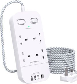 4 Way Surge Protected Extension Lead with USB Slots Multi Plug Power Strip Extension Cable with Double Switches, Plug Extension Socket 1.8M Braided Extension Cord for Home Office Accessories Brand: HANYCONY