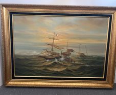 Vintage Huge Oil on Canvas Signed F Singer Maritime Sea Battle