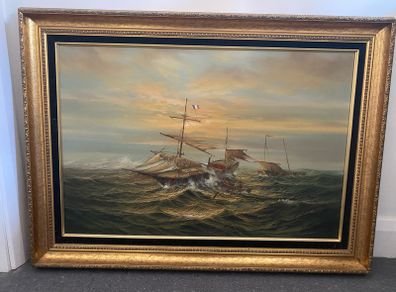 Vintage Huge Oil on Canvas Signed F Singer Maritime Sea Battle