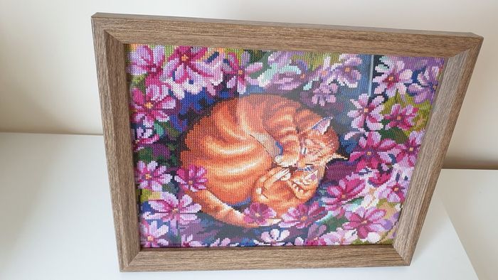 Stunning Handmade Cross Stitch Embroidery - Cats in flowers