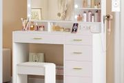 Dressing Table with 3-Colour LED Adjustable Brightness, Vanity Table with Plug and Large Mirror, Stool and Hairdryer Holder, Muti-Drawer Dressing Table, 6 Open Storage Areas