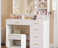 Dressing Table with 3-Colour LED Adjustable Brightness, Vanity Table with Plug and Large Mirror, Stool and Hairdryer Holder, Muti-Drawer Dressing Table, 6 Open Storage Areas