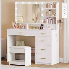 Dressing Table with 3-Colour LED Adjustable Brightness, Vanity Table with Plug and Large Mirror, Stool and Hairdryer Holder, Muti-Drawer Dressing Table, 6 Open Storage Areas