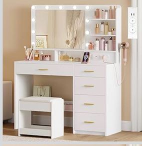 Dressing Table with 3-Colour LED Adjustable Brightness, Vanity Table with Plug and Large Mirror, Stool and Hairdryer Holder, Muti-Drawer Dressing Table, 6 Open Storage Areas