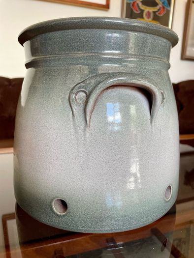 Handcrafted Kiltrea Bridge Pottery Stoneware Onion Crock Smooth Sage Green Glaze Embossed Onion Crock