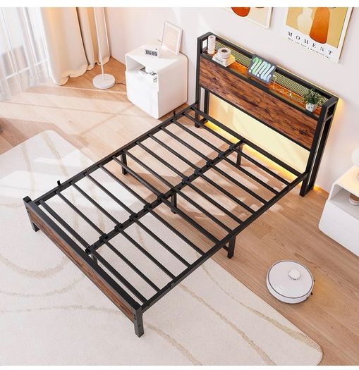 4ft6 Double Bed Frame with LED Lights&Charging Station,Brown Metal Platform Bed with Storage Headboard, Mattress Foundation, Metal Slat Support ,No Box Spring Needed,Under-bed Storage