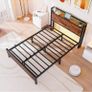 4ft6 Double Bed Frame with LED Lights&Charging Station,Brown Metal Platform Bed with Storage Headboard, Mattress Foundation, Metal Slat Support ,No Box Spring Needed,Under-bed Storage Image 2