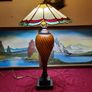 30.5 Inch Tall Large Art Deco Tiffany Style Table Lamp With Metal And Black Striped Amber Glass Stand  With Stained Glass Shade Image 5