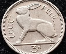 [#328] - Ireland 1968 | Irish 3d | Three Pence | Hare | KM.12a | UNC