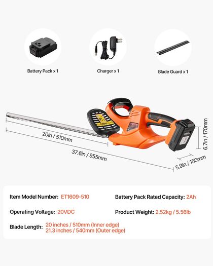 Cordless Electric Hedge Trimmer 20V 2A Battery 20in Dual-Action Blade