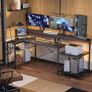 181CM L-Shaped Gaming Desk with RGB LED Lights, Power Outlets, USB Ports, Carbon Fibre Surface, Monitor Stand, Storage Shelf, Cup Holder & Headset Hook Image 7