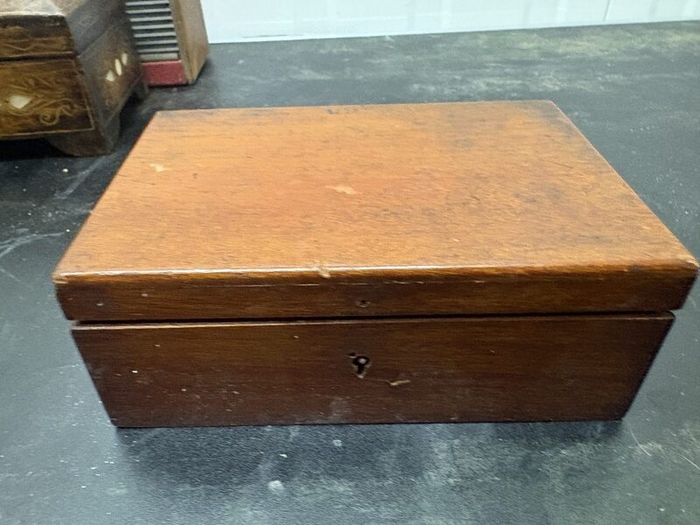 Vintage Inlaid Wooden Jewellery Box with Blue Velvet Lining