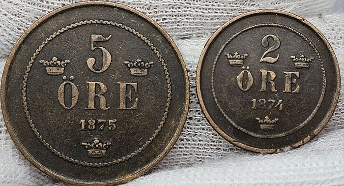Sweden 1874 1875 5 ore 2 ore