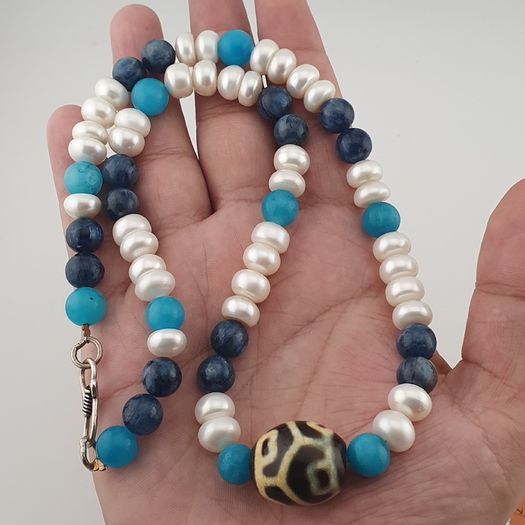 Authentic Fresh Water Pearls & Gemstone Beads With Himalayan Tibetan Dzi Pendant Necklace