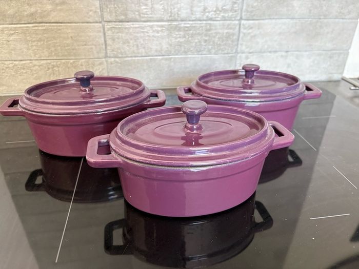 Three Unused Purple Iron Enamel Mini Casseroles