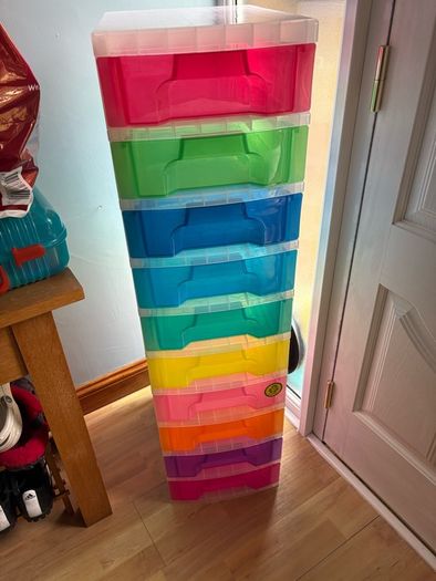 Multi coloured plastic drawers