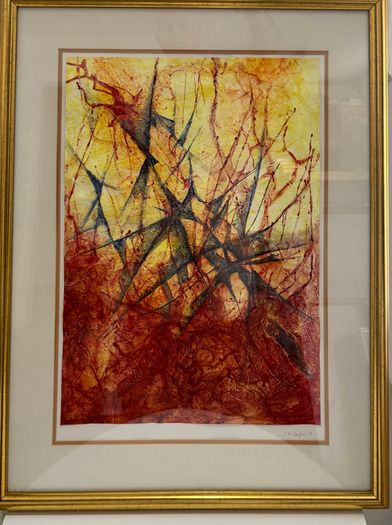 Large 2001 Crimson Abstract Expressionist Painting - Signed C.A. Clayton (Ballymena Frame)