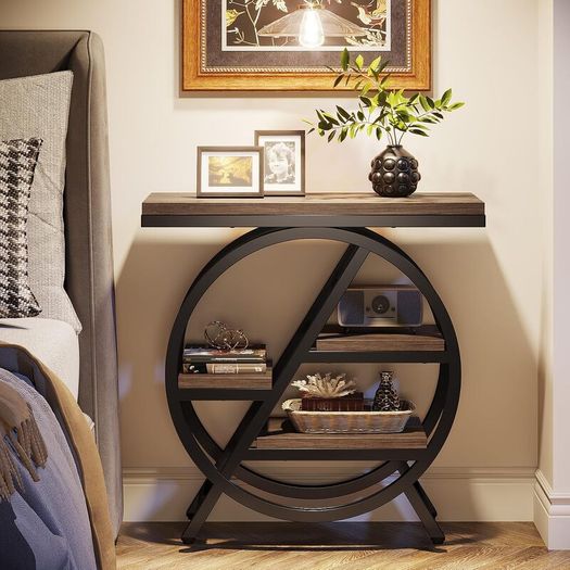 Industrial Side Table 3-Tier Narrow Side Table with Storage Space Metal Frame
