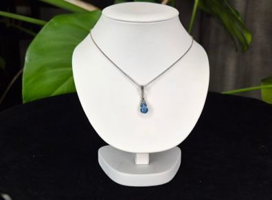 Vintage Sterling Silver 925 Teardrop Blue Stone & Marcasite Pendant Necklace with Box