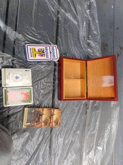 Vintage Wooden Card Box / Powers Irish Whiskey & Piatnik Twin Deck Set