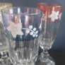 Fabulous Set of Six Vintage Retro Pressed Glass Footed Flutes with Bands of Iridescent Rainbow Colours and Floral Motifs, Capacity 120mls Image 9