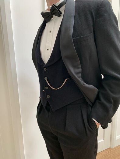 Vintage Black Tie Tuxedo with waistcoat, shirt and watch chain