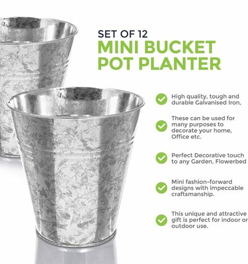 Pack of 12 Galvanised Iron Metal Flower Pots in Weather Resistant Metal for Indoor or Outdoor Use, Ideal for Plants, Herb Collection, Flowers and Shrubs