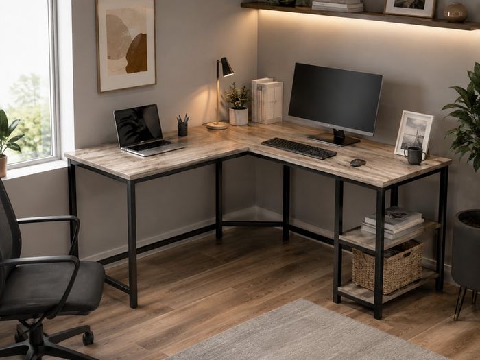 L-Shaped Corner Computer Desk with Storage Shelves